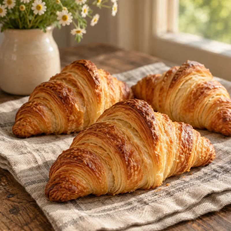 Flaky butter croissants on a linen-covered table