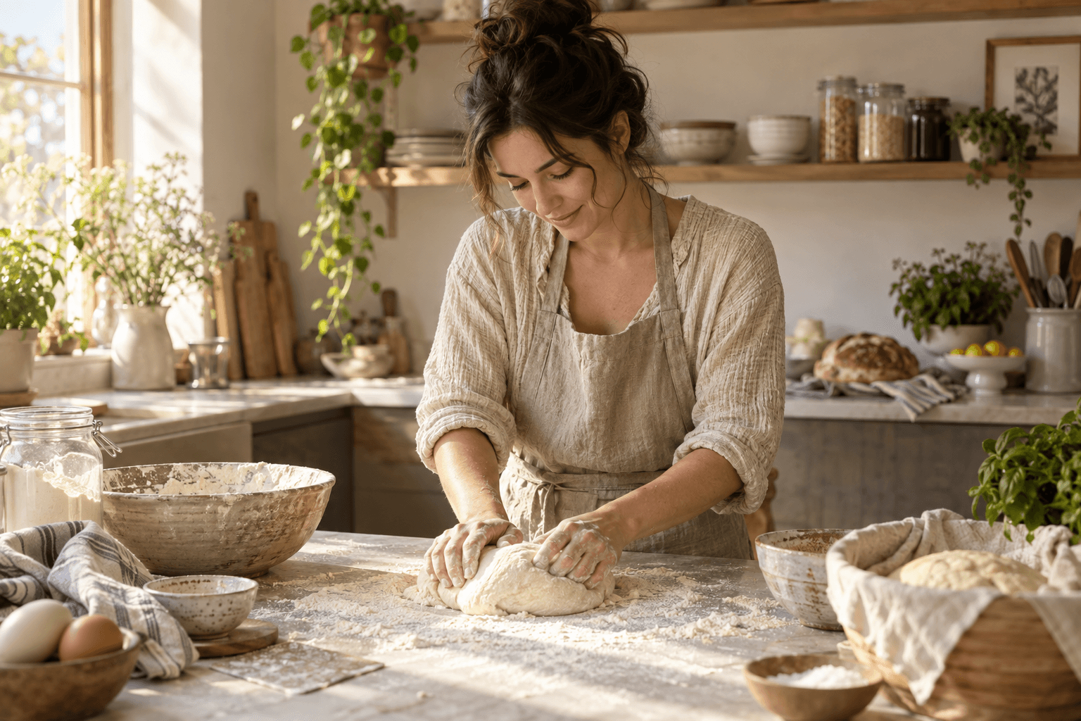 An illustrative home baker kneading dough in a sunlit kitchen