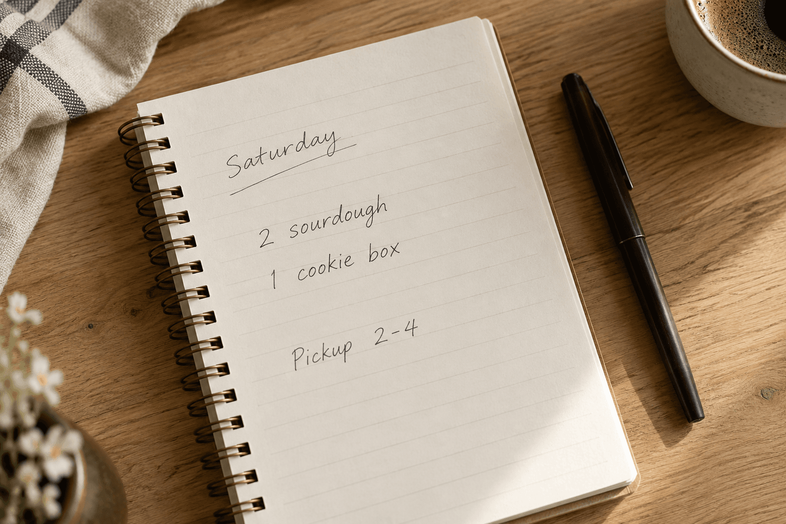 A handwritten bakery order list beside a pen on a kitchen table